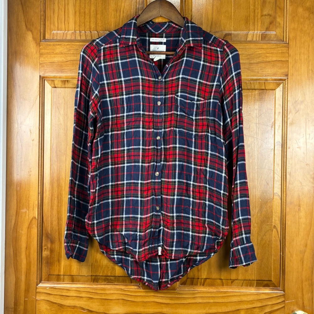 American Eagle Plaid Flannel Shirt Boyfriend Fit XXS Red Blue Soft Long Sleeve
